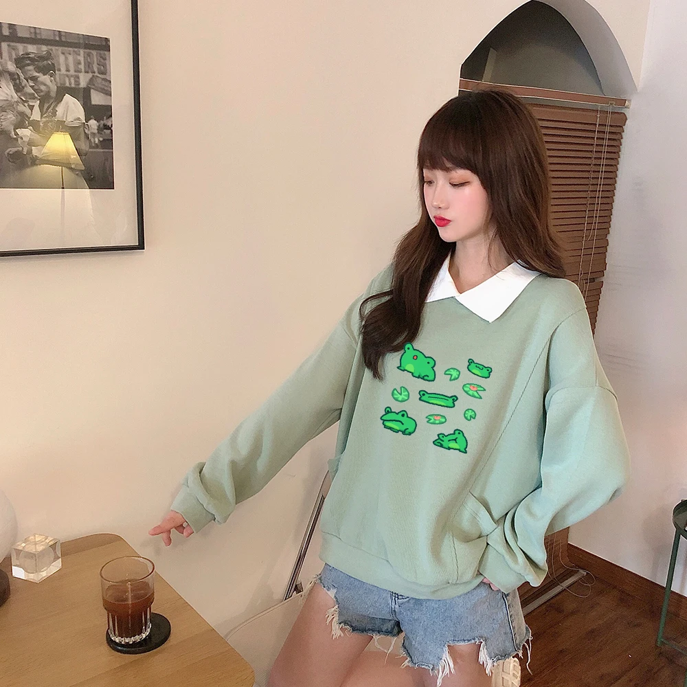 

Hoodies Frog Cartoon Print Oversized Vintage Spring Autumn Thin Sweatshirt Casual Women Polo Collar Oversized Cotton Hoodies