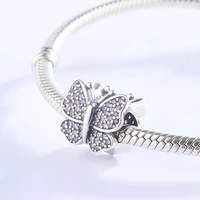 925 sterling silver cubic zirconia sparkling purple butterfly charms fit european bracelet necklace fashion jewelry for women