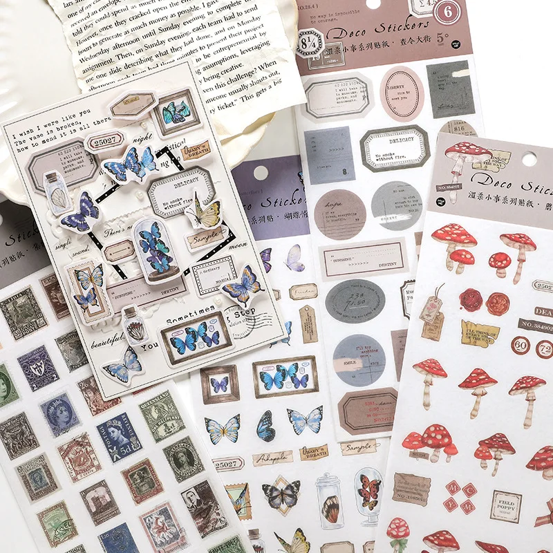 

6 Designs Ins Style Gentle and Trivial Series Animal and Plant Hand Account DIY Decorative Collage Material Sticker