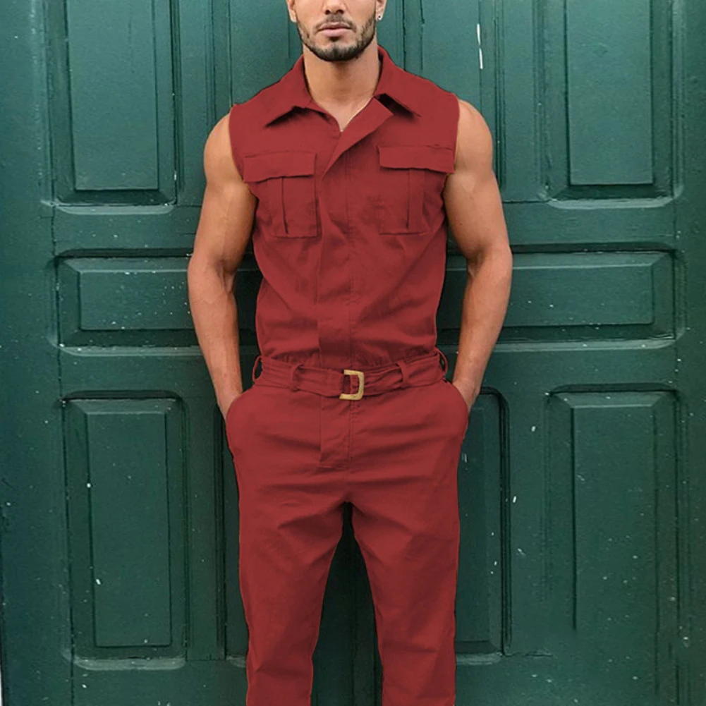 

Men Stylish Jumpsuit Overall Sleeveless Pockets Wasit Belt Zipper Work Clothes