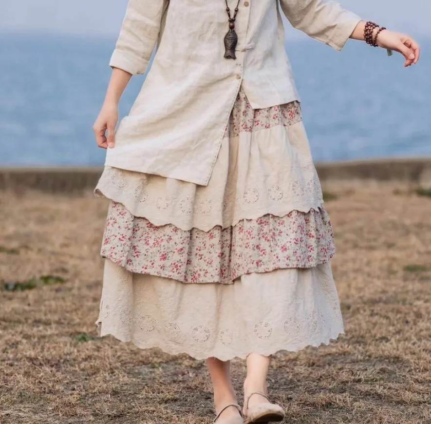 Женская винтажная льняная юбка с эластичным поясом Весенняя цветочной вышивкой