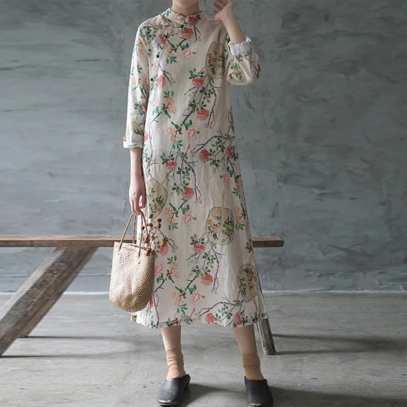 Новое ретро платье с пряжкой и цветочным принтом длинным рукавом женское осень