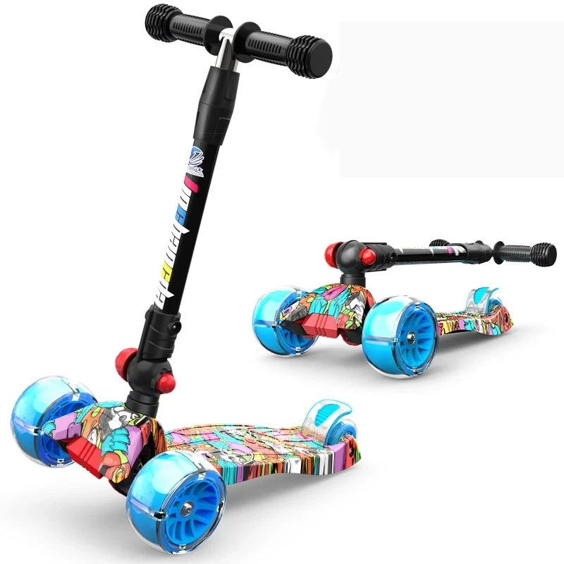 Kid s Flashing Tricycle Children Foldable Scooter Adjustable Height Cool Graffiti Easy Storage Portable 4 Wheels Bicycle Sport