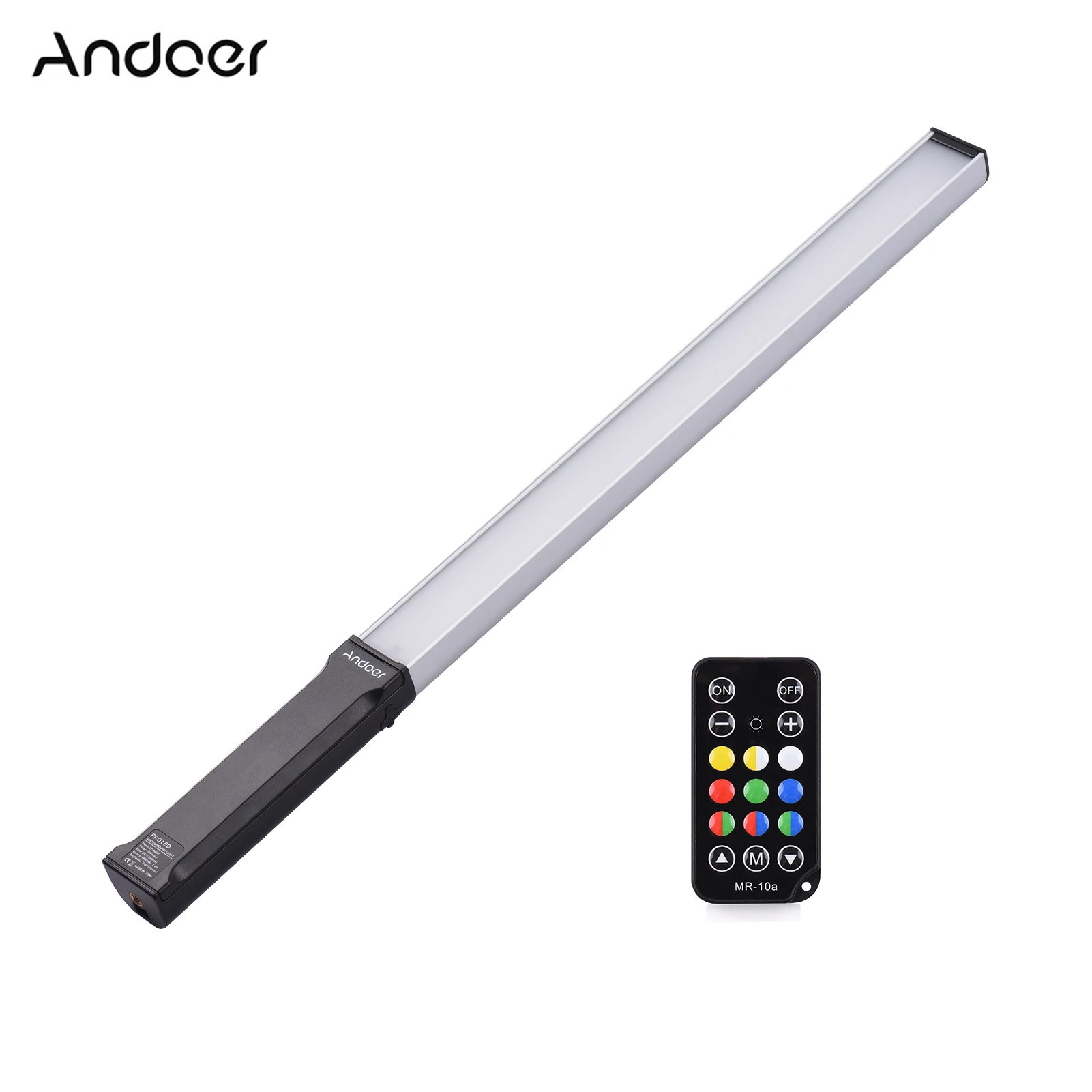 

Andoer Portable RGB Handheld LED Video Light Wand Lamp 10W 9 Colors CRI95+ 3200K-5600K 0-100% 12-level Dimmable 7 Light Effects