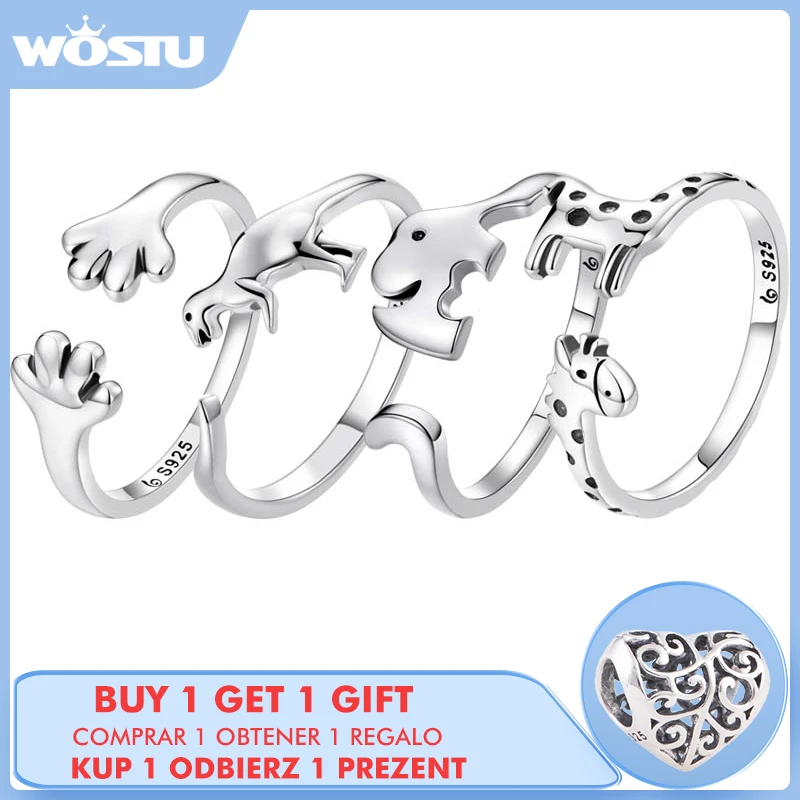 

WOSTU 925 Sterling Sliver Adjustable Animals Puppy Paw Dinosaur Elephant Giraffe Open Rings For Women Female Original Jewelry