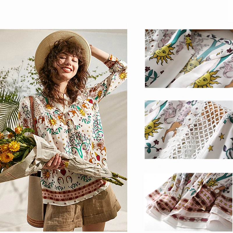 Шелковая женская блузка, рубашка с принтом, свободная, v-образный вырез, женская блуза с длинным рукавом, винтажная, размера плюс, полупрозрачная ткань, новая мода