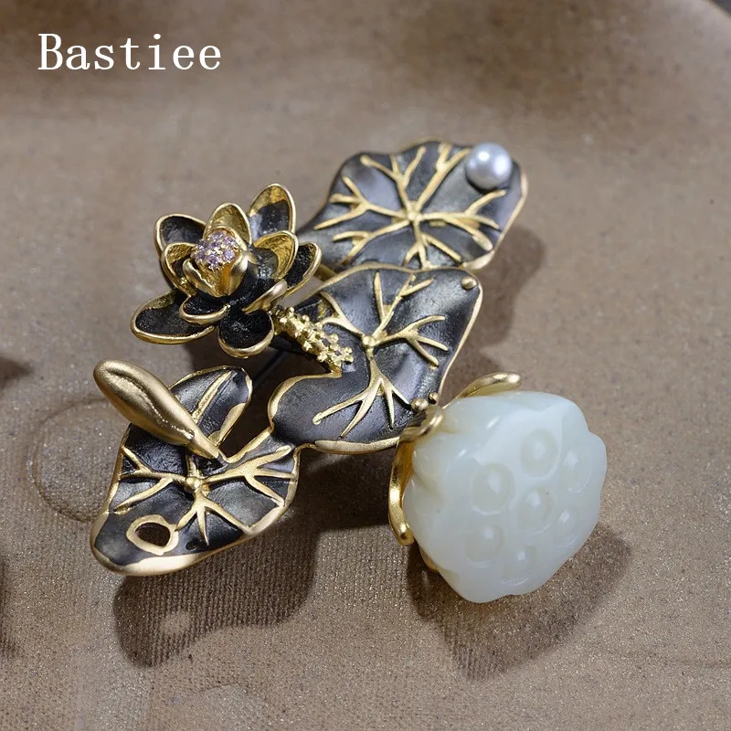 

Bastiee Silver 925 Brooches for Women Jade Pearl Lotus Flower Jewelry Antique Ethnic Handmade Luxury Broche De Luxe Femme