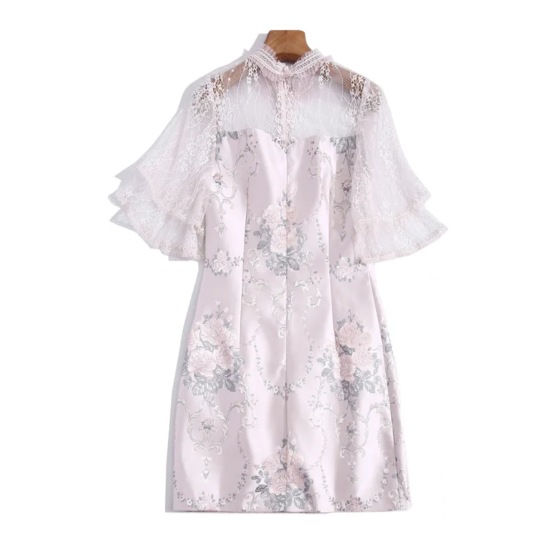 

High Quality Designer Summer Fashion Women Party Casual Elegant Lace Mesh Yarn Beading Jacquard Mini Dress