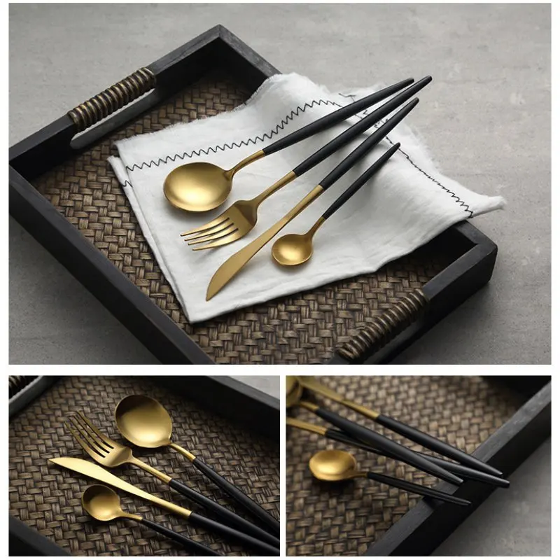 Travel Cutlery Black Gold Flatware Handle Stainless Steel Tableware Sets Forks Spoons Knives Camping Silverware 4PCS | Дом и сад