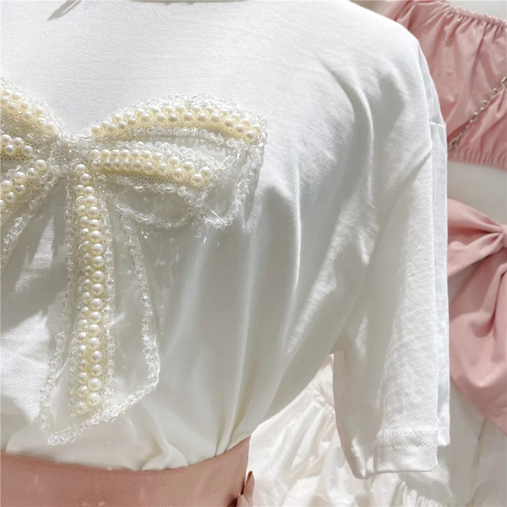 

2021 Korean Style Summer Bow Beaded Round Neck T-shirt Top All-Match Short Sleeve Loose Slimming Women Bottoming Shirt