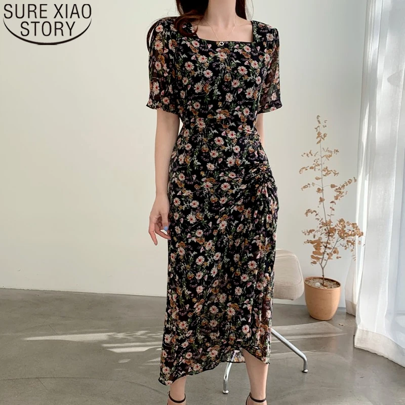 

Floral Print Dress Women Casual Korean Chic Elegant Square Collar All Match Summer Pleated Waist Thin Dresses Vestidos 14536