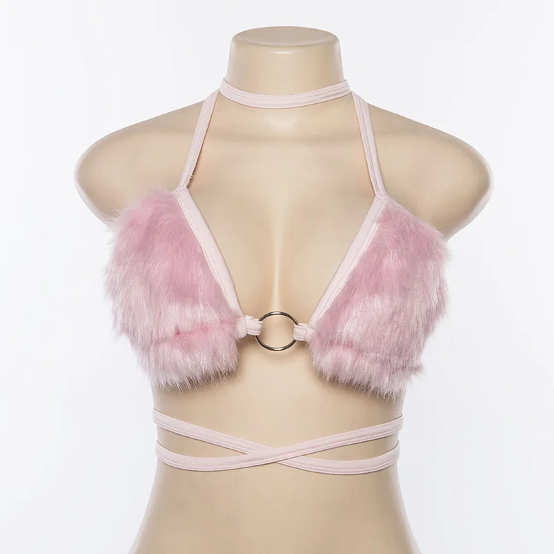 

Pink Club DJ Women's Faux Fur Bra Tops Sweetie Kawayi Cute Private Party Wear Cosplay Tops