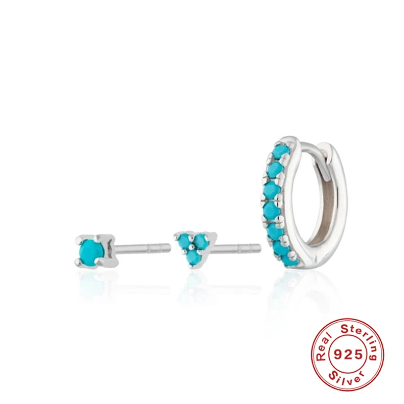 

KOJ Creative Round Triangle Turquoise Stone Stud Earrings for Women Piercing Earrings 925 Sterling Silver Bohemian Jewelry 3PCS