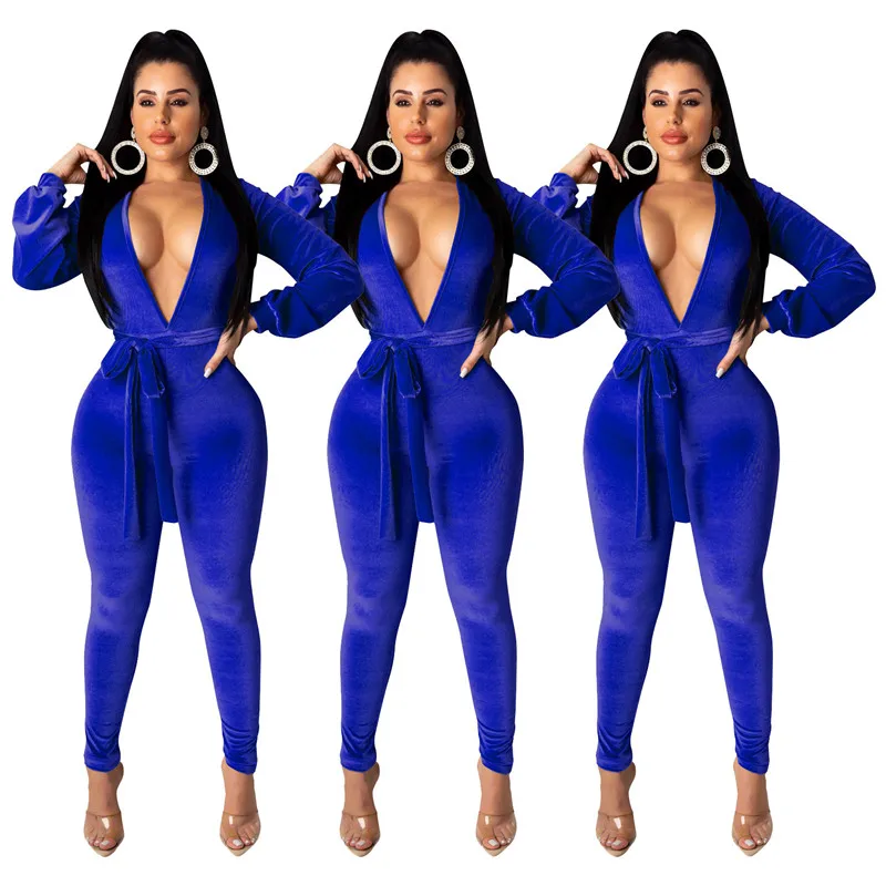 blue jumpsuit Осенне-зимний бархатный комбинезон Adogirl, женский сексуальный комбинезон с v-образным вырезом и длинным рукавом, Облегающий комбинезон с открытой спиной, модные повседневные Комбинезоны - Цвет: blue jumpsuit