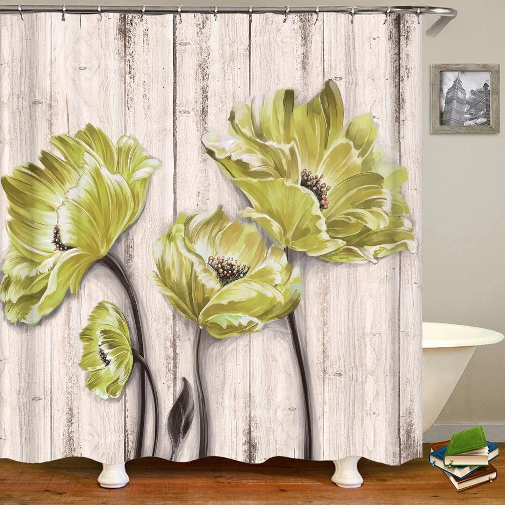 

5 Styles 3D Vivid Waterproof Shower Curtain for Bathroom Shower,Decorations of Green,Red,Purple,Blue,Yellow,Flowers Wooden Board