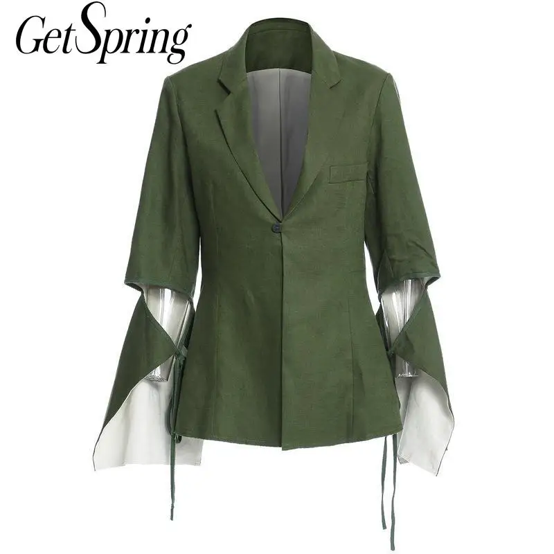 

GetSpring Women Blazer Green Linen Blazer Coat Patchwork Long Sleeve Women's Slim Suit Jacket Fashion Ladies Blazer Jacket 2020