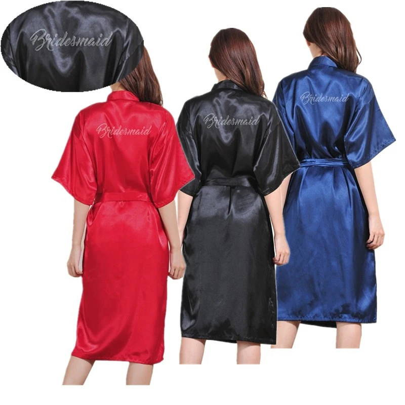 

Wholesale Bridesmaid Letter Rhinestones Women Pure Color Long Satin Silk Robes Kimono Nightgown Bride Spa Party Bathrobe T37