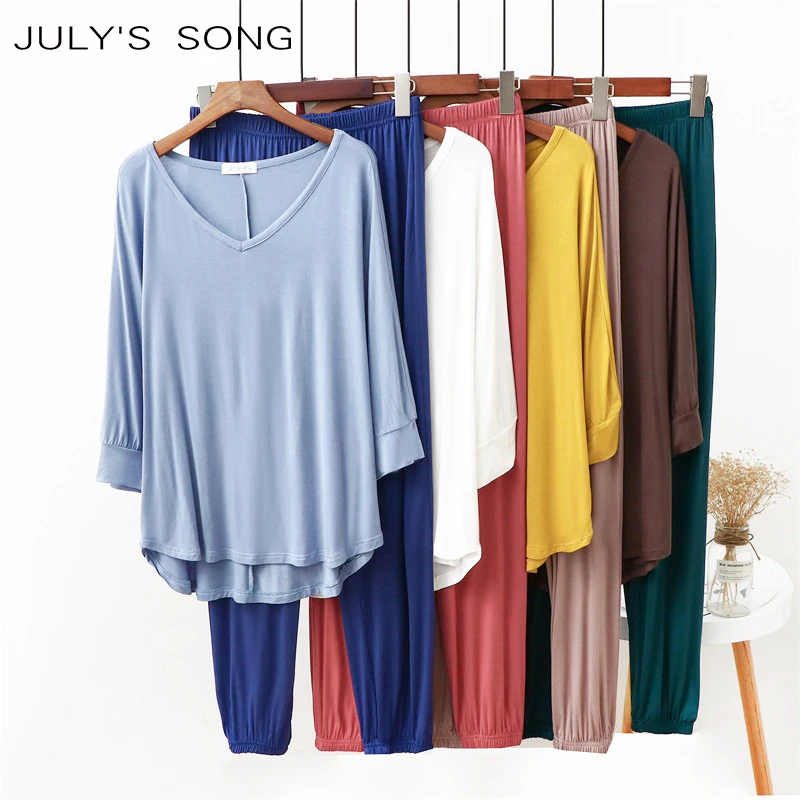 

JULY'S SONG 2Pcs Solid Modal Women Pajamas Set Summer 3/4 Sleeve Top Long Pants Sleepwear Female Autumn Plus Size Loungewear