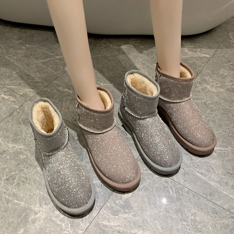 Женские зимние ботинки Блестящие женские новые теплые короткие мягкие плюшевые