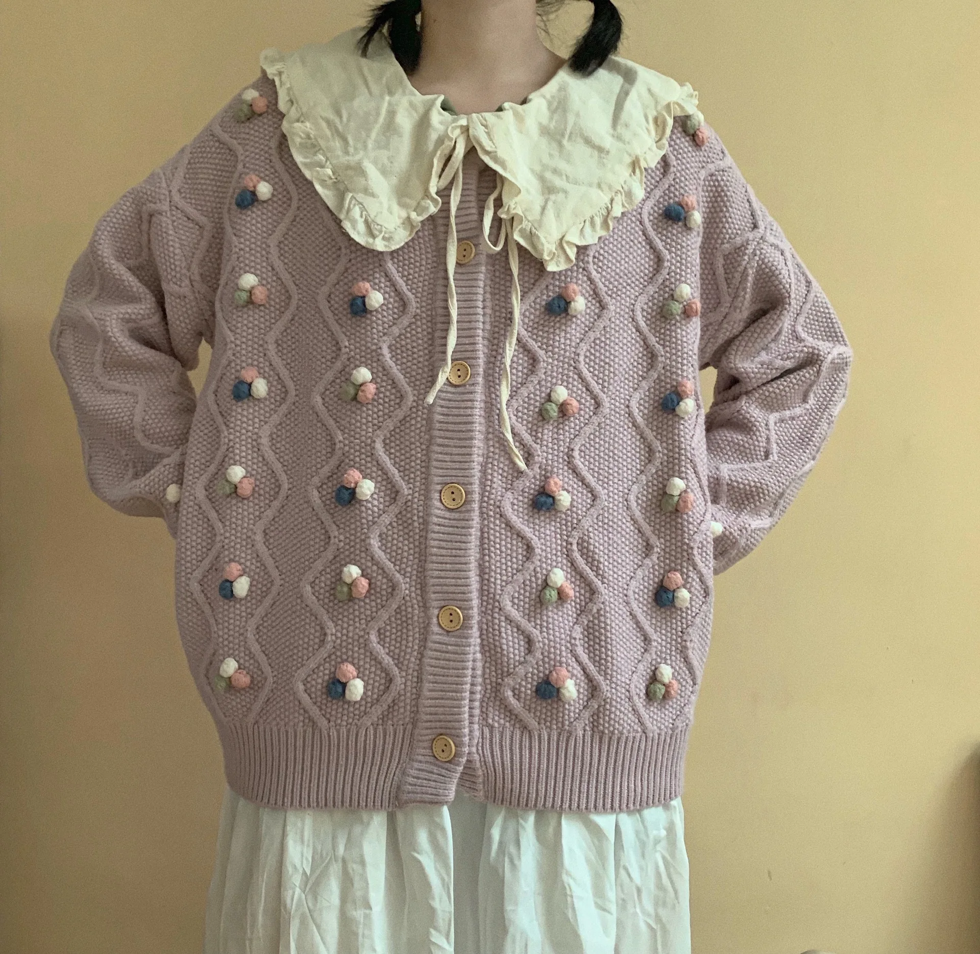 

Retro Sweet Cardigan Sweater Women Cute Handmade Colorful Beanie Soft Knitted Autumn Winter Japanese Jacket Female H441