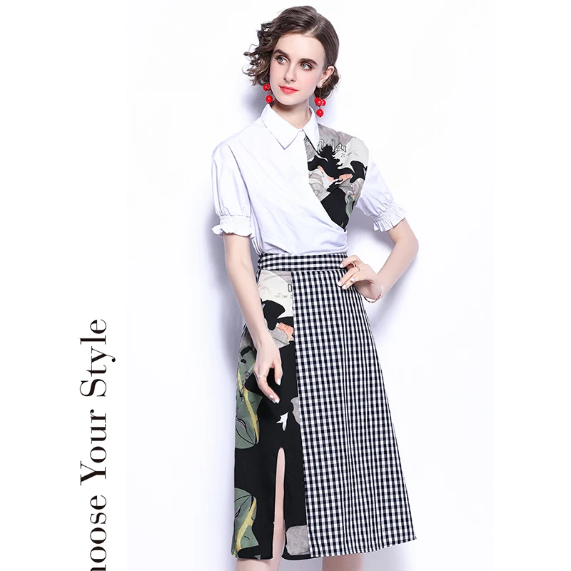 

Summer Women's Suit French Commuter Lapel Printed Puff Sleeve Top+High Waist Stitching Plaid Skirt New Waist Female Sets X671