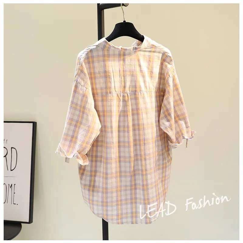 

2021 Summer Single Pocket Cotton Linen Plaid Half-Sleeve Ladies Shirt New Korean Loose Casual Women Top Fashion Pockets Blouses