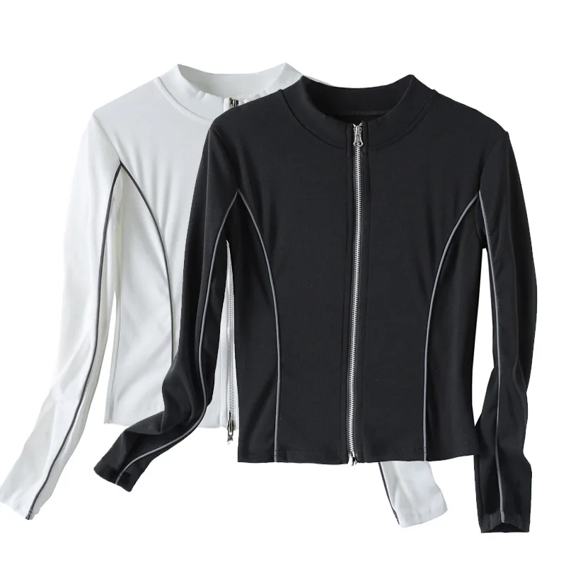

Korean Style Women's Clothing 2021 Spring Autumn New Stand Collar Color-Contrasting Stripe Slim-Fit Zipper Long Sleeve T-shirt