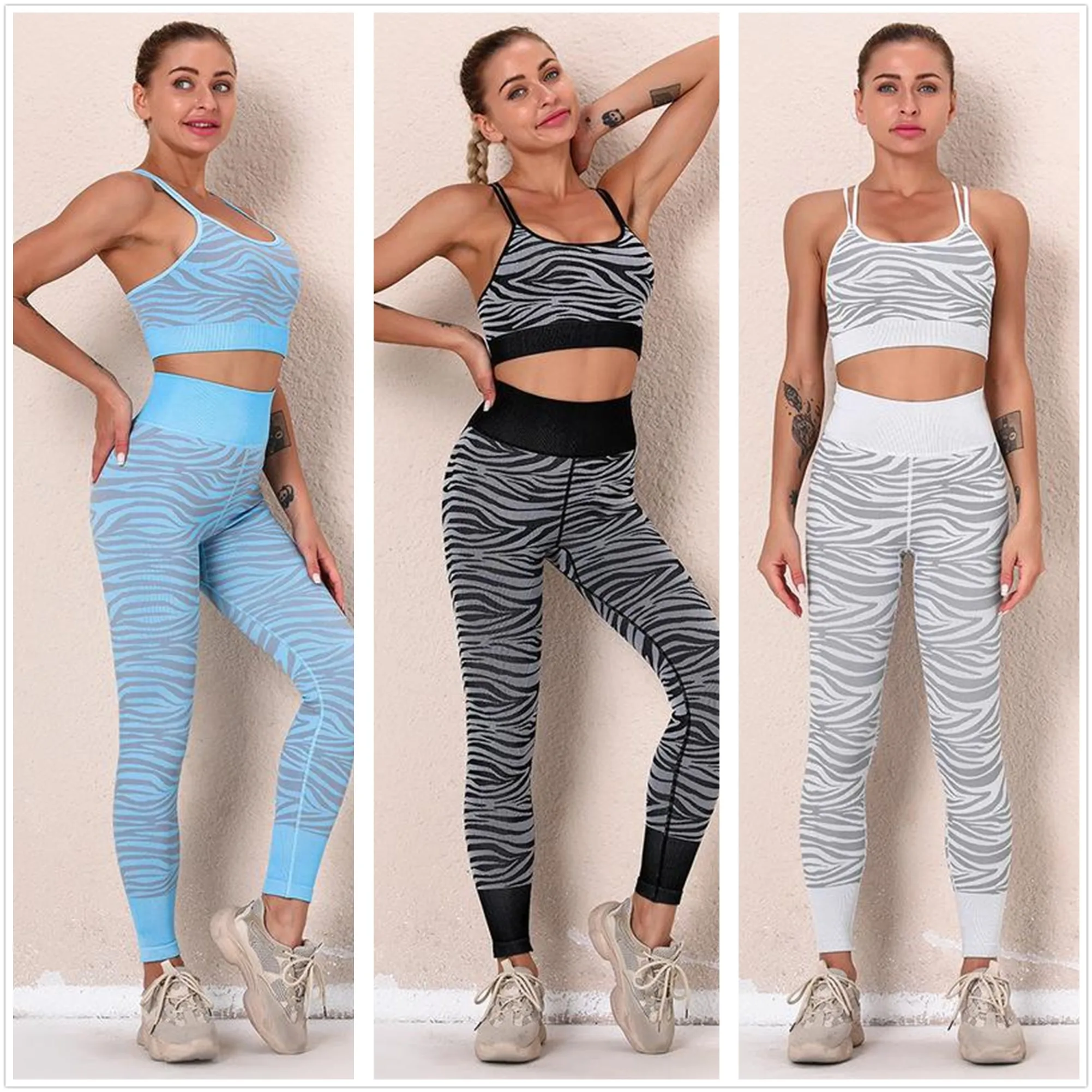 

Хипстерский бесшовный комплект для йоги Зебра Женские Спортивные бюстгальтеры пуш-ап с высокой талией леггинсы для тренажерного зала одеж...