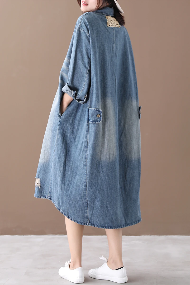 

[IEQJ] 2021 Spring Autumn New Pattern Stand Long Sleeve Denim Patchwork Pockets Pullovers Vintage Dress Women Large Size 3AJ6800