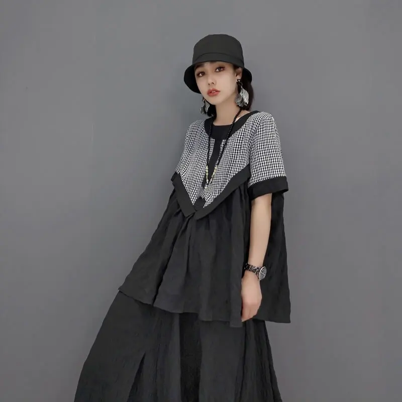 

XITAO Plaid Pleated Patchwork Dress Sets Summer New Contrast Color Women Loose Casual Fashion O-neck Collar Temperament WMD0793