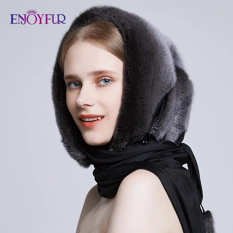 Женская шапка бини ENJOYFUR, элегантная шапка из натурального меха норки с шарфом на зиму