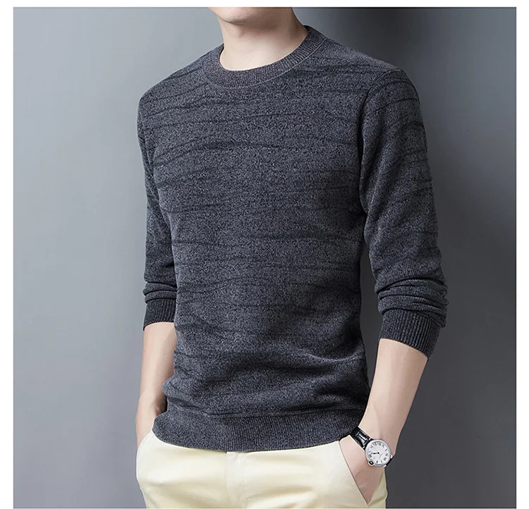 

Plush thickened men's warm round neck sweater autumn and winter men's stripe loose one-piece cashmere chenille sweater fashion