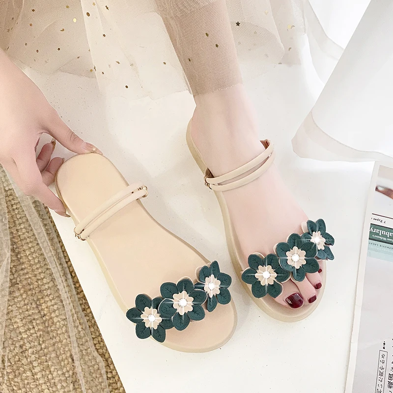 

Rhinestone Sandals Clear Heels Female Shoe Soft 2021 Women's Two Weare Girls Beach New Beige Low Elastic Band Fashion Comfort