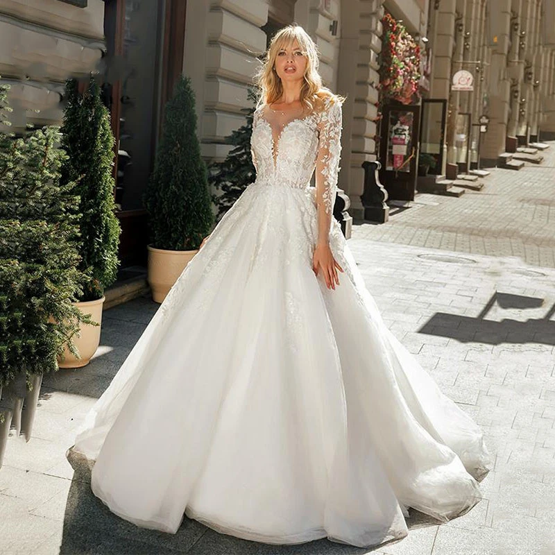 

MNGRL Wedding Dress V-neck Long Sleeve 3D Flower White Lace Bridal Dresses Fluffy Skirt Backless Plus Size Tail Wedding Gown