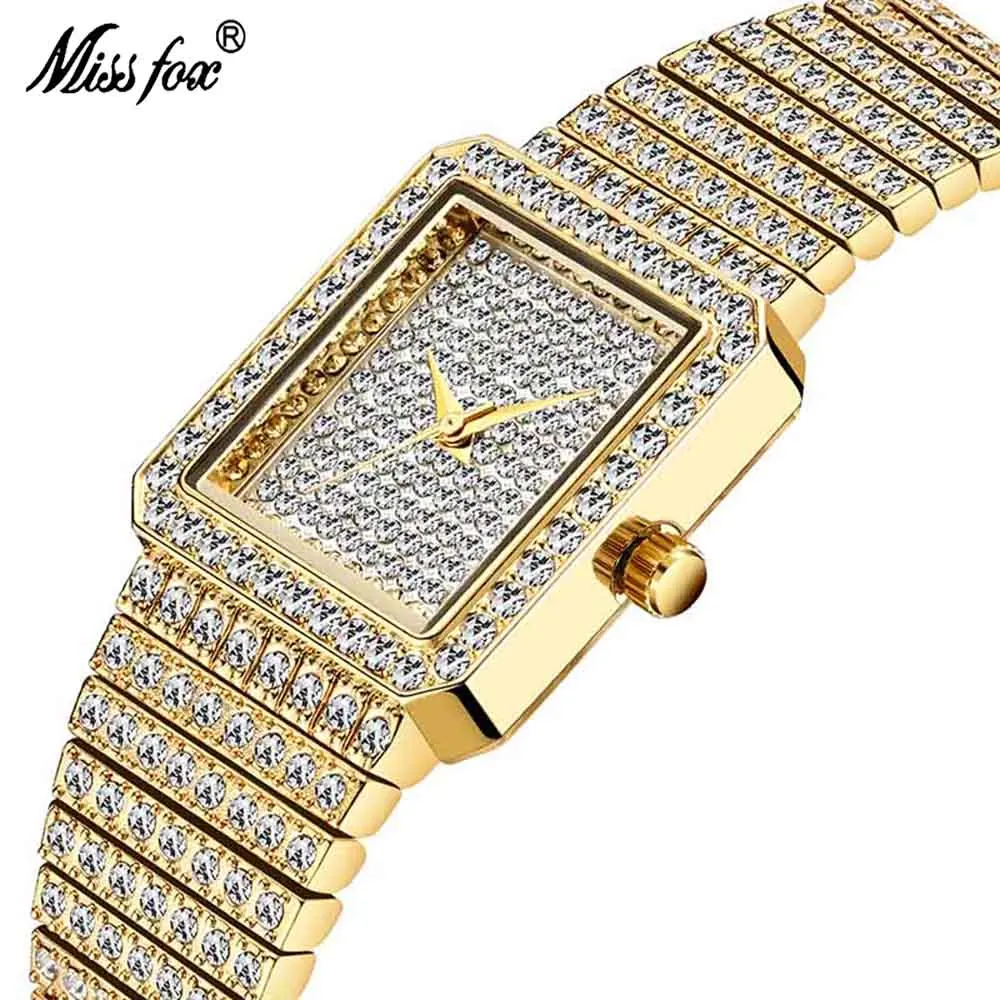 MISSFOX Rhinestones Luxury Watch for Women Ladies Square Hardlex Dial Stainless Steel Minimalist Analog Quartz Wristwatch 2689