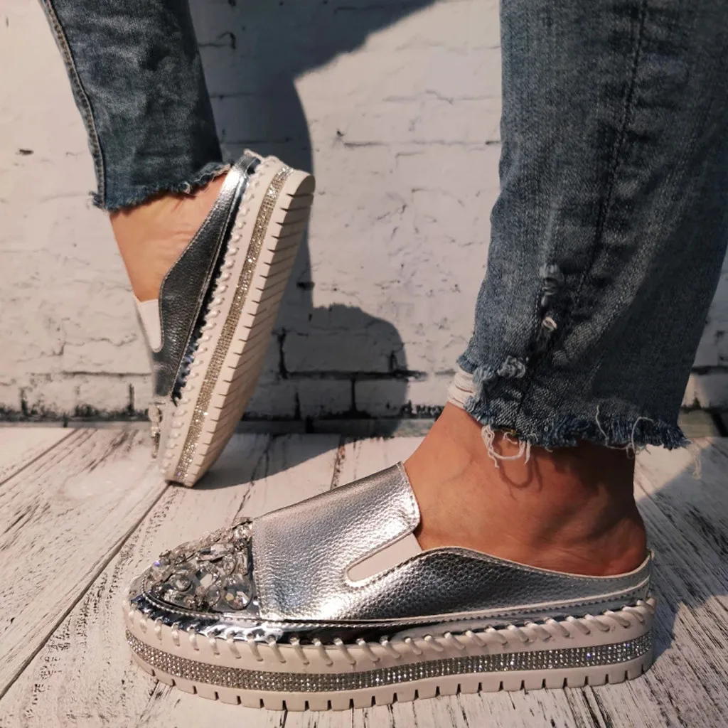 

Spring Autumn Fashion Womens Flats Heel Crystal Rhinestone Slip On Platform Loafers Slippers comfortable chaussures socofy A50
