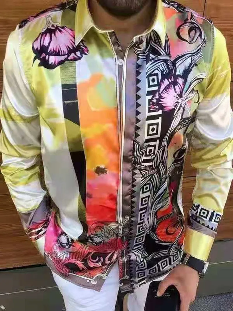2021 New Men's Clothing 3D Flower Shirt Casual Loose Lapel Long Sleeve Button Tops printed Men Fashion Trend Streetwear U.S Size