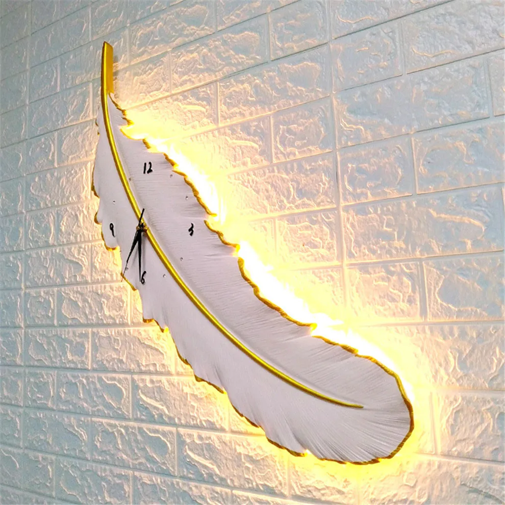 

Nordic Resin Feather Clock Led Wall Lamp Fashion Living Room Bedroom Restaurant Wall Art Decoration Remote Control Light Fixture