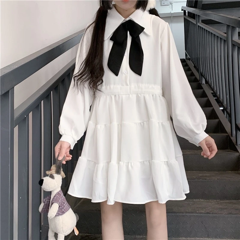 

Elegant Bow White Female Mini Dress Party Festival Cute Black A Line Dresses Lantern Sleeve Women Vestidos Mujer Clothes