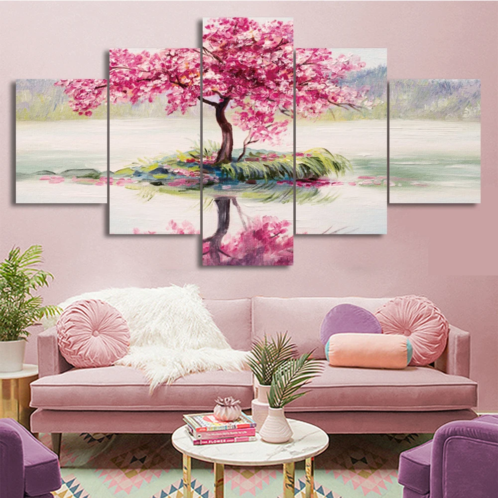 

Laeacco Cherry Blossoms Tree 5 Pieces Scenery Canvas Prints Painting Home Decoration Wall Art Pictures For Living Room Bedroom