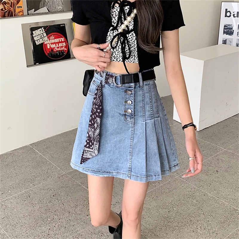 

Vintage Sashes Casual Denim Women Mini Skirts Summer Sexy Irregular Pleated High Waist Denim Ladied Skirts Hot Girls Female