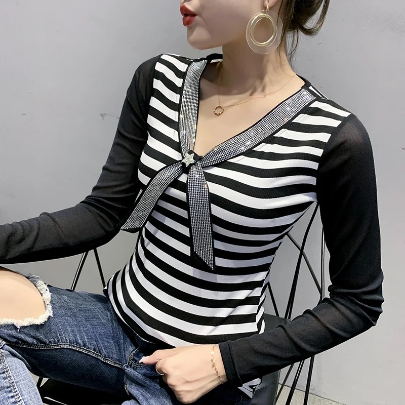 

2020 autumn new Woman tshirts fashion long sleeve diamond t-shirt for women tops Elegant slim plus size women mujer camisetas