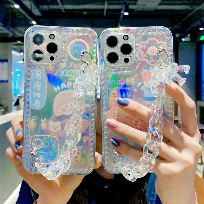 2021 Phone Chain Jewelry Cute Transparent Three-dimensional Bear Mobile Symphony Laser Acrylic For Women Gifts |
