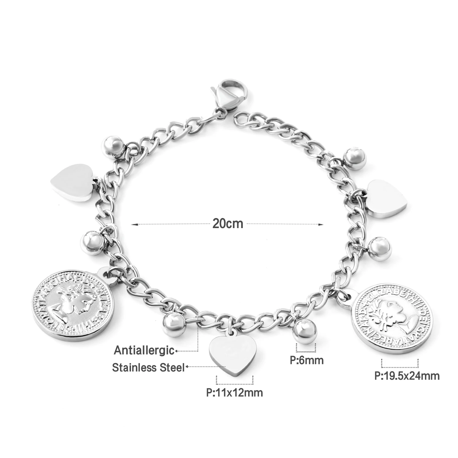 LUXUSTEEL Mother Gift Heart Round Ball and Coin Queen Stainless Steel Link Chains Bracelets Bangles Women kids bracelet Wedding | Украшения