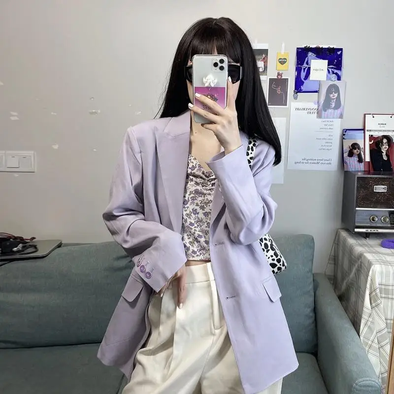 

Bella Philosophy Spring Basic jacket Fashion Loose blazer Casual Chic Single Breasted blazer Vintage Pocket Purple coat Outwears