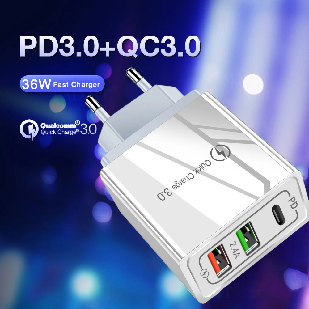 

36W USB Charger Quick Charge 3.0 PD 3.0 Type C Fast Charger US EU Plug Adapter For iPhone 11 Xiaomi Poco f2 pro Huawei p30 lite