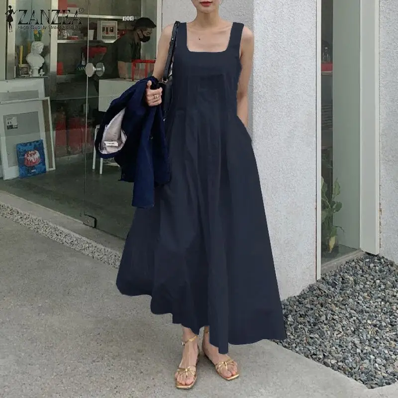 

ZANZEA Summer Vestidos Female Sqaure Neck Sleeveless Midi Dress Casual Oversize Elegant Sundress Solid Women Pleated Strap Robe