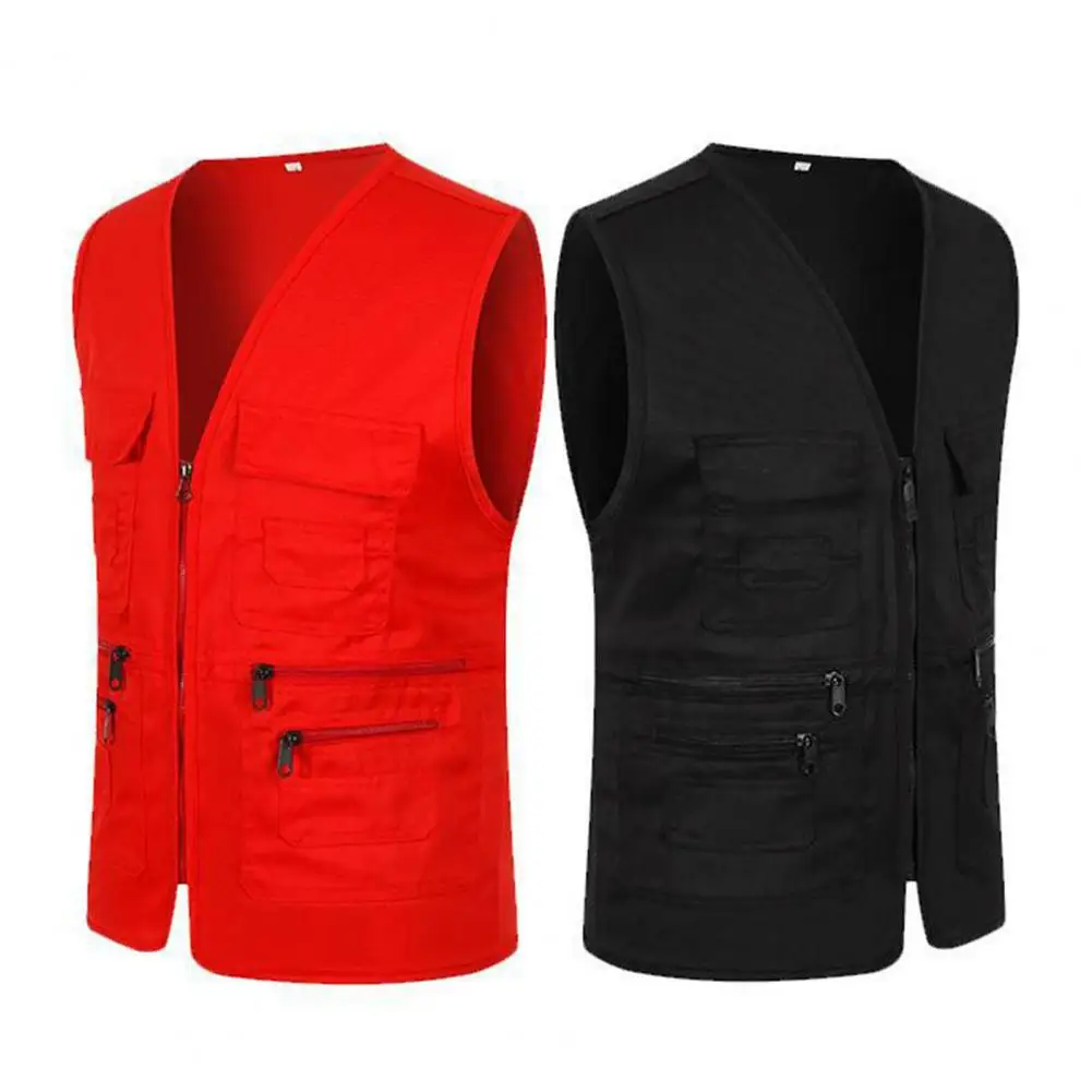 

2021 Plus Size Men Waistcoat Solid Color V Neck Multi Pockets Sleeveless Outdoor Fall Vest for Fishing