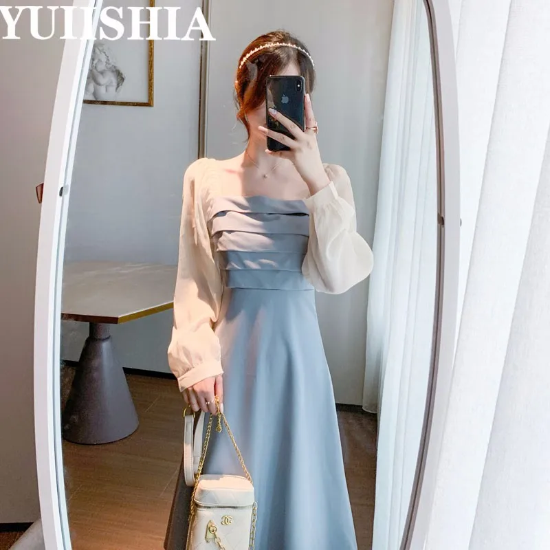 

Женское платье размера плюс Модный Элегантный квадратный вырез ТРАПЕЦИЕВИДНОЕ ПЛАТЬЕ до середины икры драпированные украшения, соединенн...