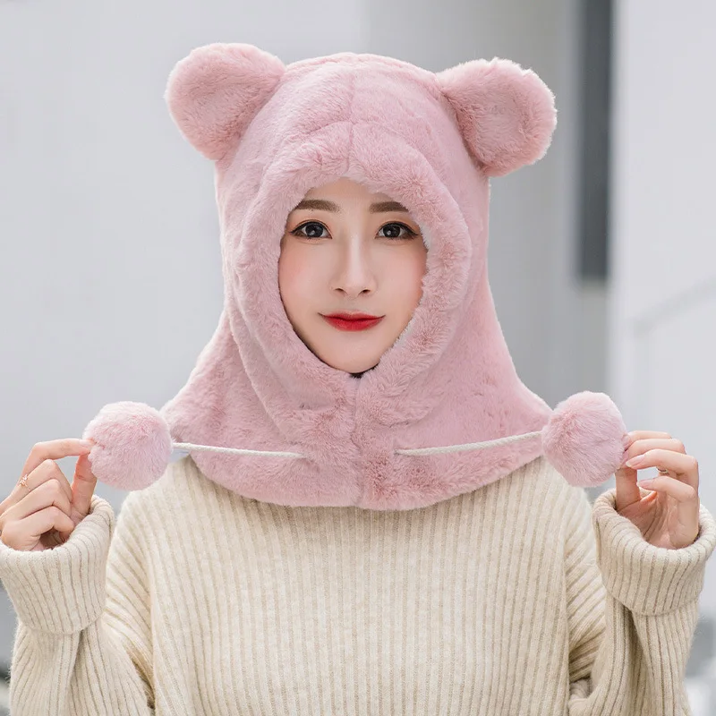 

Winter Cute Bear Ears Warm Hat Windproof Neck Scarf Cap Student Women Plus Cashmere Cap